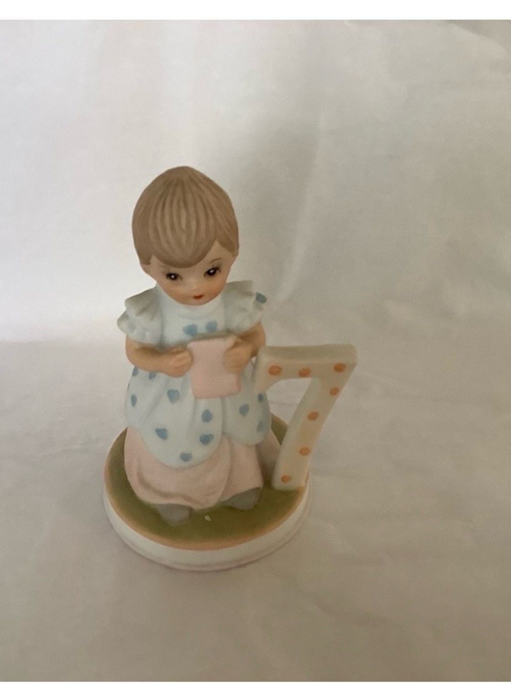 Lefton Porcelain Girl Figurine in Pink, Blue & Tan with Number 7